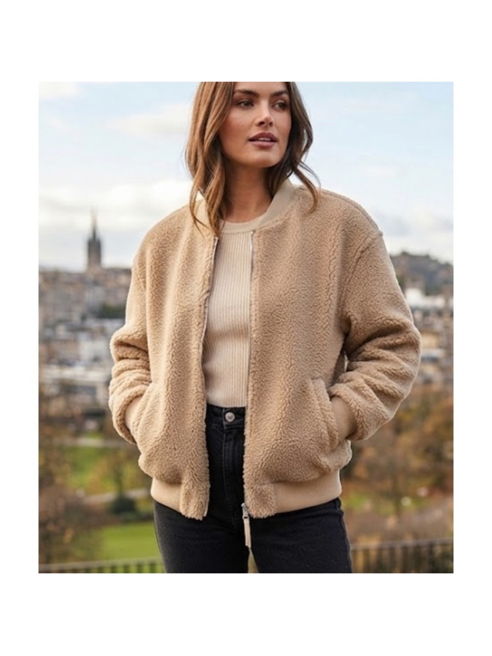 Tan Cream Sherpa Bomber Teddy Jacket MEDIUM